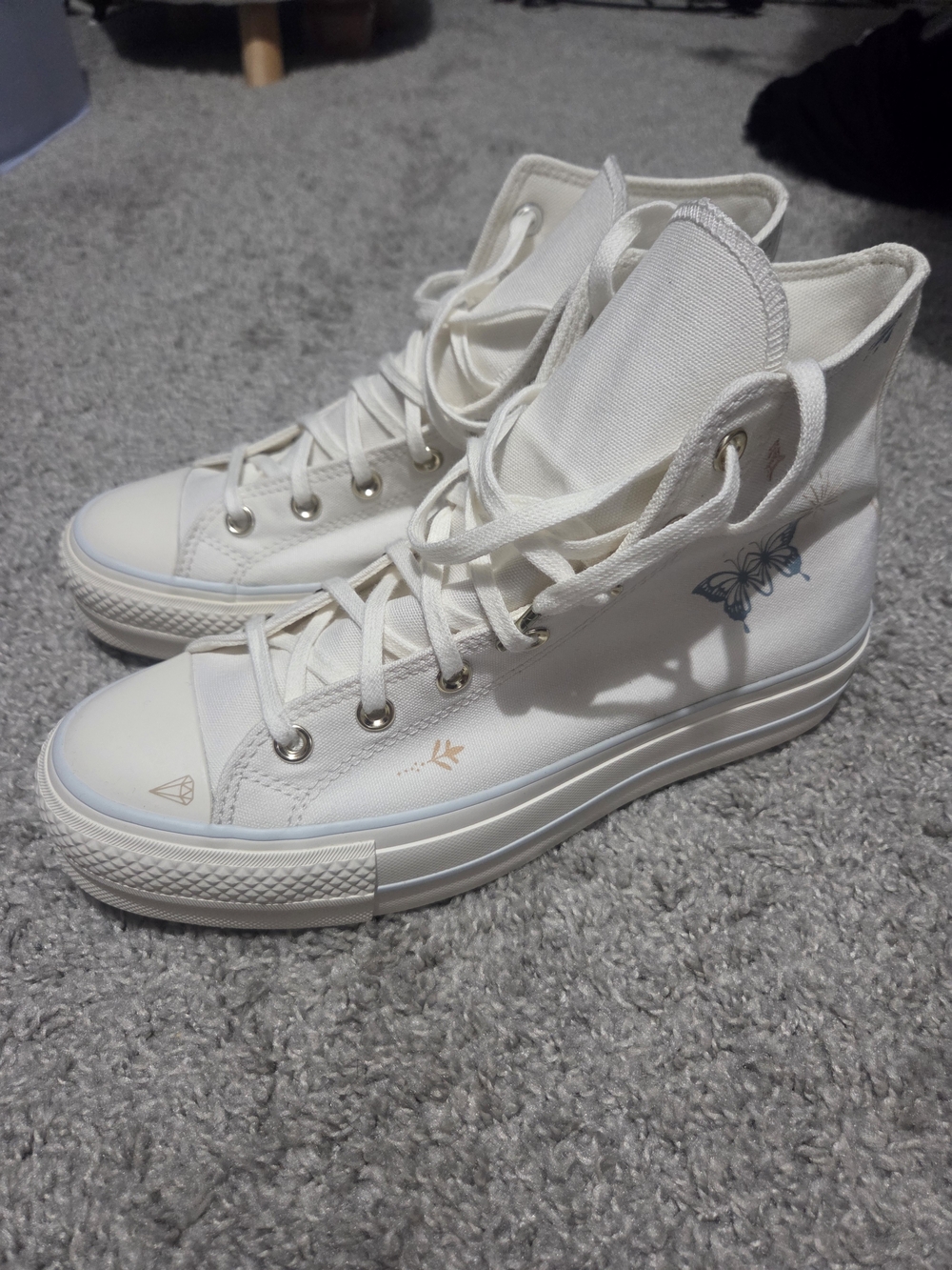 Converse High-Top Sneakers in Cream with Subtle Blue Butterfly